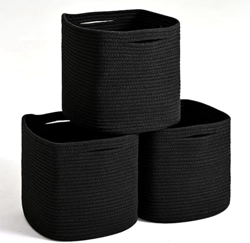 ICERZCZ 11 Inch Cube Storage Bins, Storage Cube Organizer Bins, Woven Cotton Rope Basket for Storage, Storage Baskets for Organizing Shelves, Square Baskets for Toys, Black (Pack of 3)