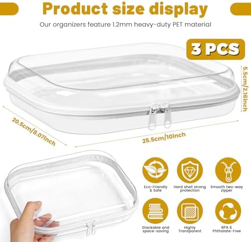 3 Pack Plastic Clear Hard Shell Zipper Case, Waterproof Clear Zipper Pouches Hard Shell, Large Size Zipper Pouches for Travel, Makeup Bag Organizer