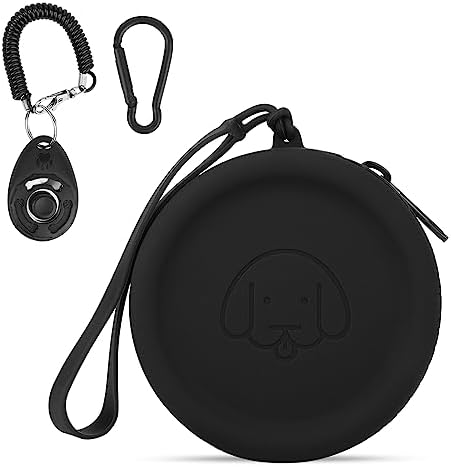 WALLFID Silicone Dog Treat Pouch Small Bag,with Pet Training Clicker,Walking Bag for Dog and Cat, Pocket Size, Easy to Clean, Odorless, Zipper Design,Moisture-Proof,Travel Walking Bag.(Black)