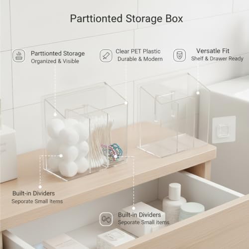 Partitioned Storage Box, Clear PET Plastic Organizer with Dividers for Bathroom Shelf and Drawer, Keeps Small Items Sorted and Visible (1 PC)