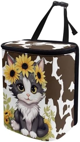 Car Trash Can Cars Waste Basket with Lid Storage Pockets for Disposable Garbage Bag Multipurpose Collapsible Car Organizer, Cat Sunflower Cow Print