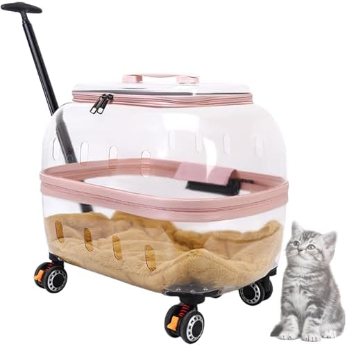 Portable Pet Carrier with Wheels, 360°Clear Window Pet Trolley Case with Ventilation Holes, Portable Breathable for Travel/Hiking/Outdoor/Walking Transparentpink
