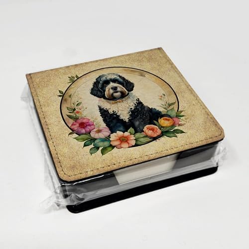 Caroline's Treasures Portuguese Water Dog and Flowers PU Leather Note Paper Holder with Artist-Designed Cover, Desk Accessory, Office Gift