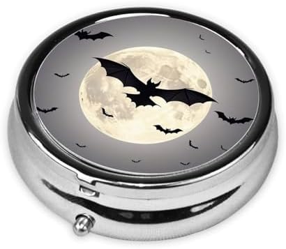 ZhongGuo Halloween Flying Bats Printed Pill Organizer,Round Travel Pill Organizer Mini Medicine Pill Box for Purse Iron Plating
