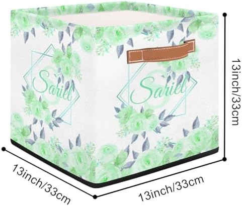 Personalized Storage Baskets for Organizing, Foldable Storage Bins with Handles Custom Cute Basket for Boys, Girls, Pet, Clothes, Blanket, Bedroom Nursery Toy Storage Gift,13 x13 x13 In, Green Flower