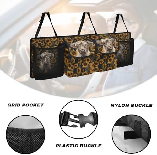 Highland Cow Sunflower Car Trunk Organizer Hanging Car Backseat Storage Bag Waterproof Collapsible Cargo Bag with 4 Pouches Trunk Storage and Decorative Accessories