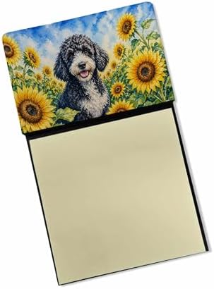 Caroline's Treasures Portuguese Water Dog in Sunflowers Watercolor Sticky Note Holder Refillable Dispenser Desk Accessory 3x3 Pad Gift