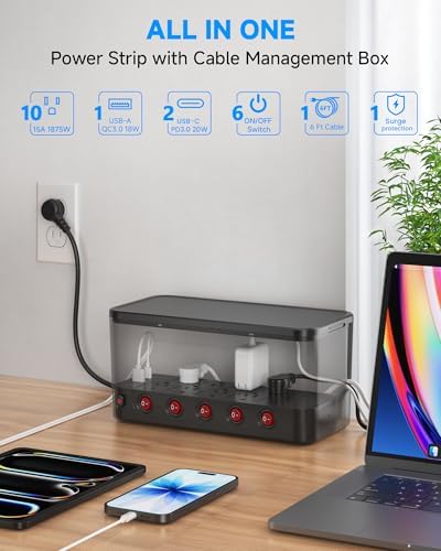 Power Strip with Cable Management Box, Large Cable Organizer Box, Black | Power Strip Box with 10 AC and 3 USB,6 ft Flat Plug Extension Cord,Outlet Hider Charging Station,Hidden Desk Cord Organizer