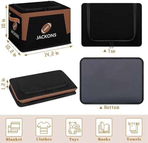 Custom Storage Basket with Zipper Lid, Football American Ball Foldable Fabric Storage Boxes Decorative Closet Shelves Clothes Organizer Container Cubes with Handle 1PCS