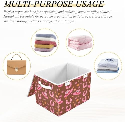 Pink Cowboy Hats Horseshoes Storage Bins with Lids Foldable Storage Basket with Handles Collapsible Large Fabric Organizer Containers for Clothes Shelves Closet Office Home