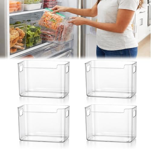 Crystal Clear Freezer Storage Bins, Clear Plastic Bins Stackable Pantry Drawer Plastic Organizers Containers with Handle for Refrigerator Fridge Cabinet Kitchen Countertops Cupboard (Clear L, 4Pcs)