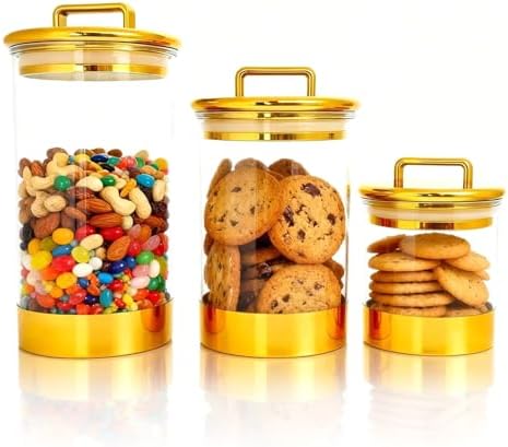 3-Pack Acrylic Storage Jars with Gold Lids – Airtight Canisters for Kitchen, Bathroom, Office | Decorative Storage for Snacks, Bath Bombs, Cotton Balls, and Small Essentials