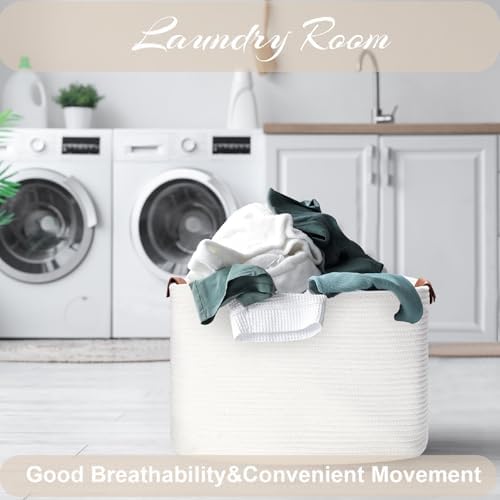 Large Cotton Rope Storage/Laundry Hamper Basket | Leather Handles, Durable & Stylish, Foldable, Handmade, Blanket/Toy/Nursery/Laundry/Living Room/Bathroom/Bedroom/Home Decor