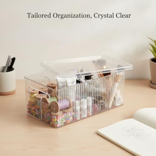 Lidded Storage Box with Adjustable Dividers, Clear PET Plastic Organizer Bin for Desktop, Crafts, and Home Organization, 9.8 x 5.1 x 4.2 Inches (1 PC)