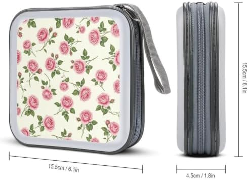 CD Protective Case Floral Pink Rose 40 Capacity DVD Holder Wallet | Hard Plastic Disc Storage Binder Floral Retro Romantic Peony Chic Flower Pink Rose, Sturdy Zipper, Portable Carry Handle