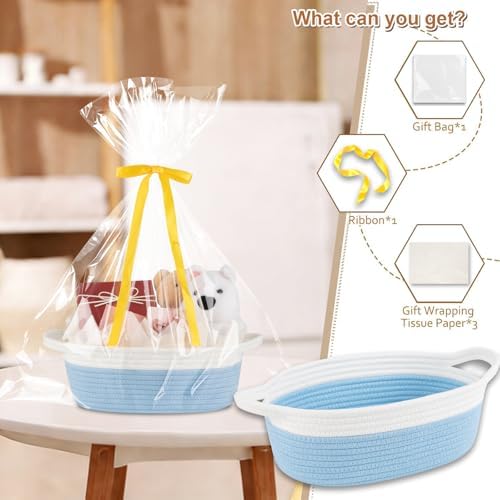 OIAHOMY Gift Basket Empty with Handle, 12"x 8"x 5" Small Woven Basket with Gift Bag, Ribbon and Wrap Tissue Paper, Dog Toy Storage for Organizing - Sky Blue & White