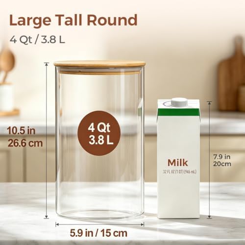 ComSaf Flour Sugar Storage Containers 4 Qt, 2 Pack Glass Flour Container | 26.6cm/10.5in Tall, Gallon Large Glass Storage Canisters, 15cm Extra Wide Mouth, Easy Clean and Scoop, 4.4lb Flour, BPA Free