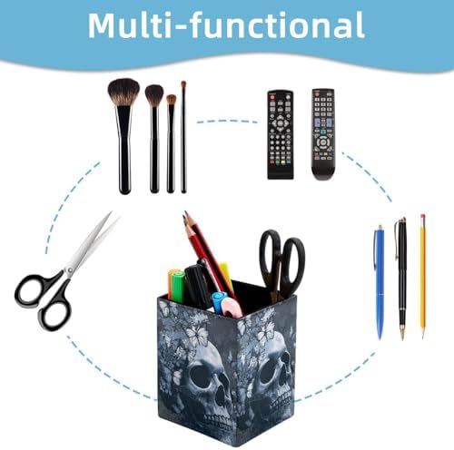 Skull and Butterfly Pen Holder for Desk Decor, Rectangular PVC Leather Pencil Cup for Desk Pen Organizer, Makeup Brush Holder for School, Home, Office