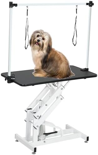 Hydraulic Pet Grooming Table, 42'' Durable Foldable Dog Grooming Table Suitable for Small Medium Large Dogs at Home, Heavy Duty Dogs Grooming Table & Drying Table with Adjustable Arms, Black