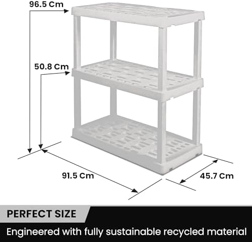 Oskar Heavy Duty Plastic Storage Shelves- for Garage, Kitchen, Bathroom Basement Kids Room, Stackable 3-Tier White, Organizer Rack for Books Shoes, Toys, Pantry, Cleaning and Closet Organization