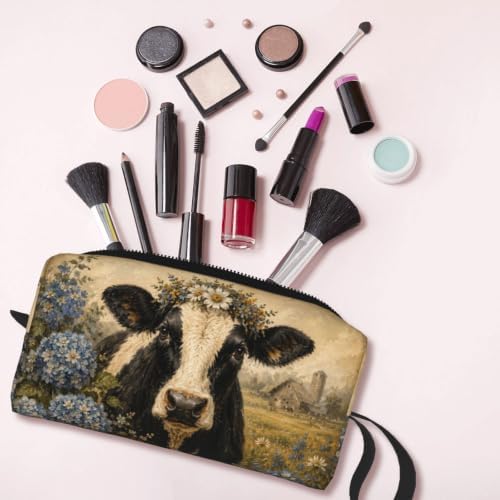 Black and White Cow with Hydrangeas Small Makeup Bag for Women | Double-Sided Farm Cow Hydrangea Cosmetic Organizer with Foam Padding for Women, Travel, Gym, School, and Daily Storage