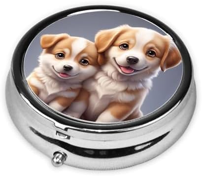ZhongGuo Cute Pet Dogs Printed Pill Organizer,Round Travel Pill Organizer Mini Medicine Pill Box for Purse Iron Plating