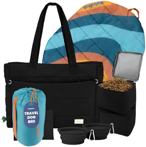 Rubyloo Dog Mom Bundle - Puffer Tote with Storage Containers (Black) and Travel Dog Bed Large (42”x30”) (Sunset Surf Teal) - Travel Bag and Portable Outdoor Bed Set