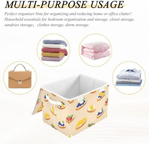 Storage Bins with Lids Fruit Topped Bread Pattern Foldable Storage Boxes with Handles Large Storage Basket Collapsible Organizer Containers for Closet Home Bedroom Office