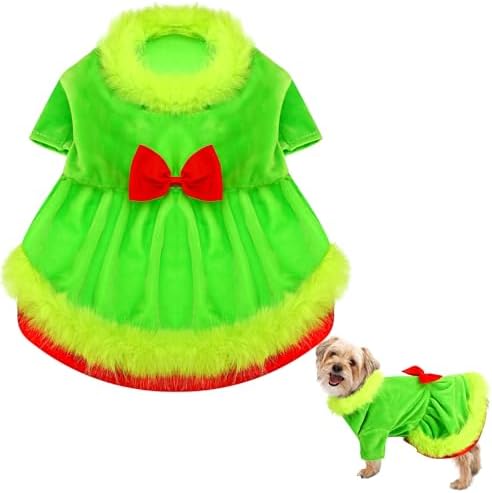 Glitopper Christmas Dog Costume Red Green Dog Outfit Lime Green Pet Outfit Velvet Furry Pet Costume Cosplay Christmas Dogs and Cats Clothes for Holiday Party Favors(Small)