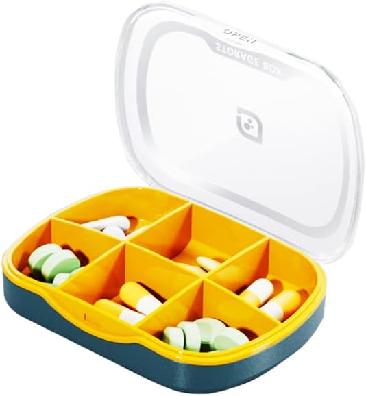 Weekly Pill Case Organizer, Small Travel Pill Box Planner 6 Tray | Cute Pocket Purse Daily Medicine Dispenser Reminder for Vitamin, Supplement, Fish Oil, Capsules, Tablet, Meds Storage Sorter