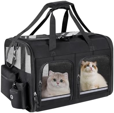 Cat Carrier for 2 Cats,Double Cat and Dual Dog Carrier Large for Two Pets | Collapsible ,Small to Medium Size, 2 Front Zippered Compartments,Removable Divider,Multiple Cat Cabin (Black)