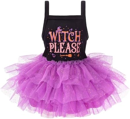 Fitwarm Witch Please Halloween Dog Tutu Dress, Funny Halloween Costumes for Small Girl Dogs, Pet Outfit, Black, Purple, XS