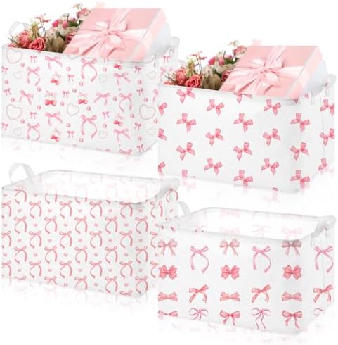 Chunful 4 Pcs Coqutte Pink Bow Storage Baskets Cute Preppy Pink Hamper Storage Bins Foldable Laundry Baskets with Handle Collapsible Organizer for Home Bathroom, Offices, Bedrooms