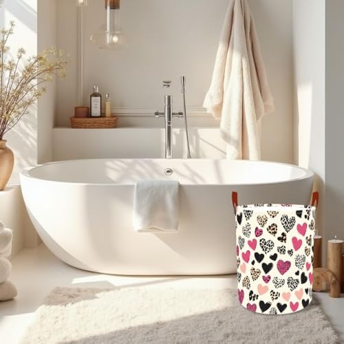Laundry Basket 15.7x19.7 in Pink Leopard Heart Hamper for Bedroom