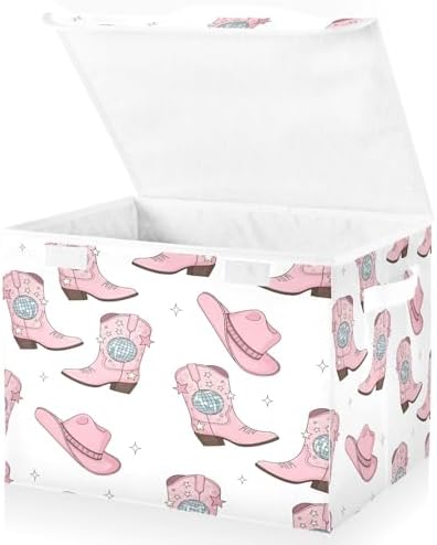 Pink Cowgirl Boots and Hats Storage Bins with Lids Foldable Storage Basket with Handles Collapsible Large Fabric Organizer Containers for Clothes Shelves Closet Office Home
