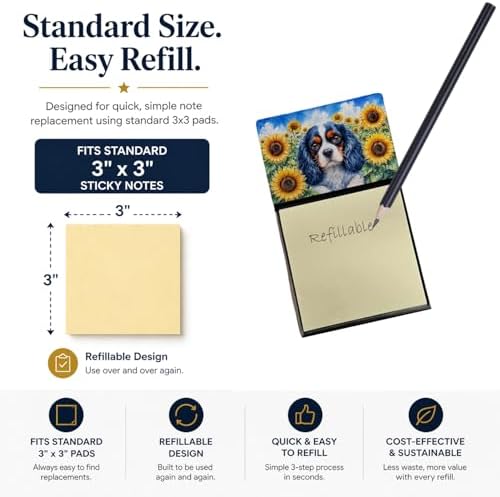 Caroline's Treasures Cavalier Spaniel in Sunflowers Watercolor Sticky Note Holder Refillable Dispenser Desk Accessory 3x3 Pad Gift