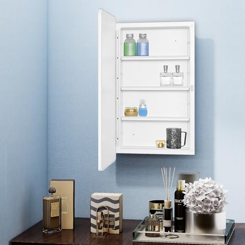 White 16 x 28 Wall Medicine Cabinet, Mirror with Adjustable Storage Shelves | White Bathroom Wall Cabinet with 3 Adjustable Plastic Shelves, Reversible Mirror Door & Hardware; Recessed/Surface Mounting