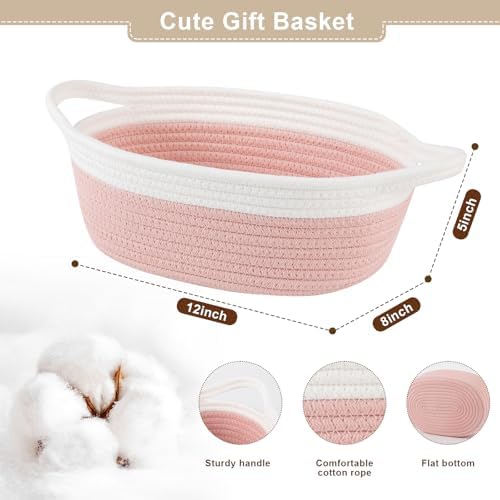 OIAHOMY Gift Basket Empty with Handle, 12"x 8"x 5" Small Woven Basket with Gift Bag, Ribbon and Wrap Tissue Paper, Dog Toy Storage for Organizing - Dusty Pink & White