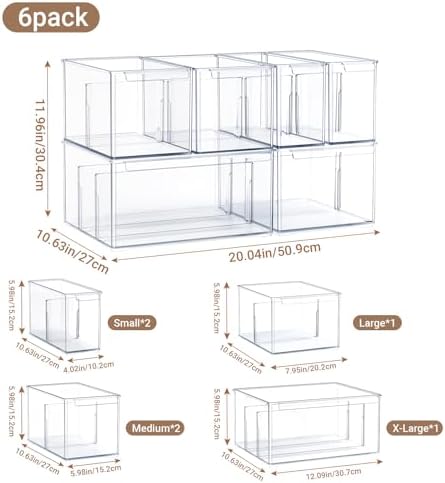 6 Pack Pantry Storage Bins with Divider, Fridge Organizer Large
