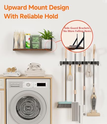 1Pack Broom Holder with Organizer Shelf 4 Broom Slots 5 Removable Hooks | Space-Saving Broom and Mop Organizer Wall Hanging , Laundry Room Shelves for Laundry Room Garage Garden Closet