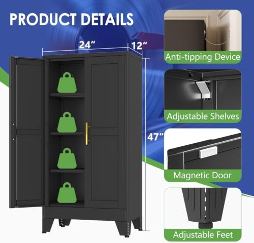47" Metal Garage Storage Cabinet with 2 Doors and 3 Adjustable Shelves,Metal Storage Cabinets,Steel Tool Cabinets for Home,Office,Garage,Warehouse (Black, 47''H x 24''W x 12''D)