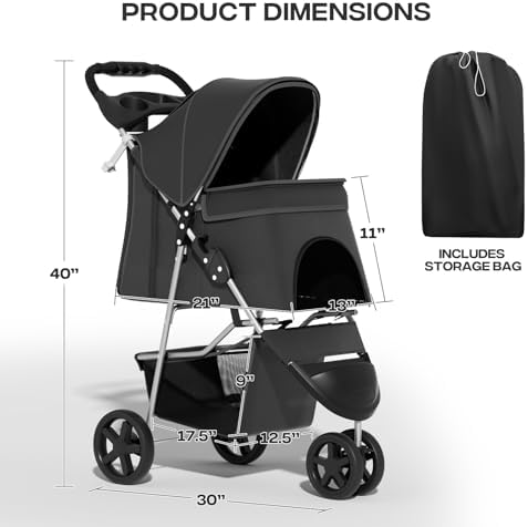 Foldable 3-Wheel Pet Stroller for Small/Medium Dogs & Cats, Black | Storage Basket & Cup Holder, Breathable Mesh Cover, Lightweight and Durable, for Small to Medium Pets, up to 33 lbs