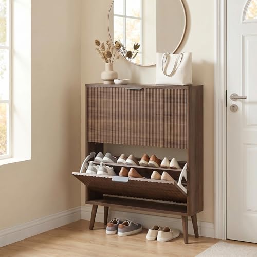 KIGOTY Narrow Shoe Storage Cabinet, Shoe Cabinet with 2 Flip Drawers, Freestanding Shoe Organizer with Legs for Entryway, Slim Shoe Rack Cabinet for Enterway (Walnut, 2 Flip Drawer)
