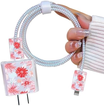 Cute Cable Protector for iPhone Adapter Charger, Red Chrysanthemum Flowers Design, Soft TPU Data Cable USB-C Case Data Line Cord Saver Charger Protective Case for iPhone 11 12 13 14 15 Pro Max