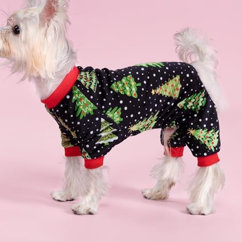 Fitwarm Christmas Tree Dog Pajamas, Christmas Clothes for Small Dogs Boy Girl, Holiday Pet Outfit, Black, Red, Green, Yellow, Small