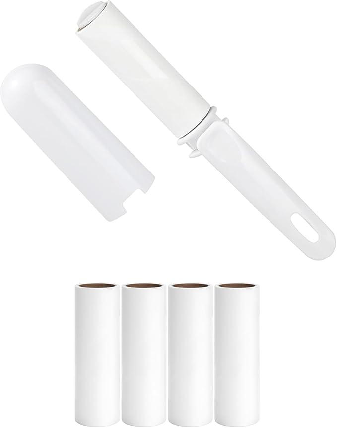 Travel Lint Roller Mini Refillable On The Go Lint Roller with Cover and 4 Refills Total 150 Extra Sticky Sheets for Pet Hair Lint Remover for Clothes (White)