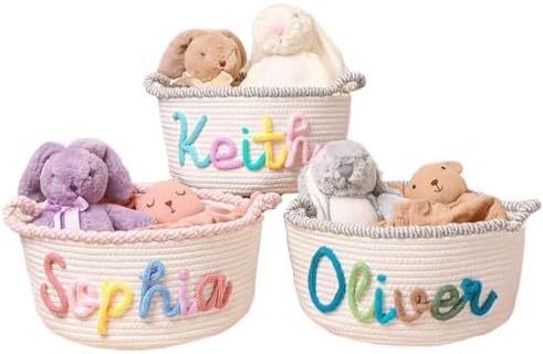 Personalized Baby Name Basket Custom Easter Cotton Rope Diaper Caddy & Nursery Storage Organizer Bin for Baby Birthday Shower Gift, Newborn Essentials, Kids' Bedroom Bathroom Decor (Style E)