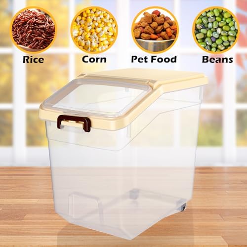 Sunnyray 4 Pcs Rice Storage Containers Bulk Flour Sugar Container Wheels Measuring Cups Set Airtight Pet Dog Cat Birds Food Bin Grain Cereal Organizer Box for Dry Baking (Beige,38 lb)