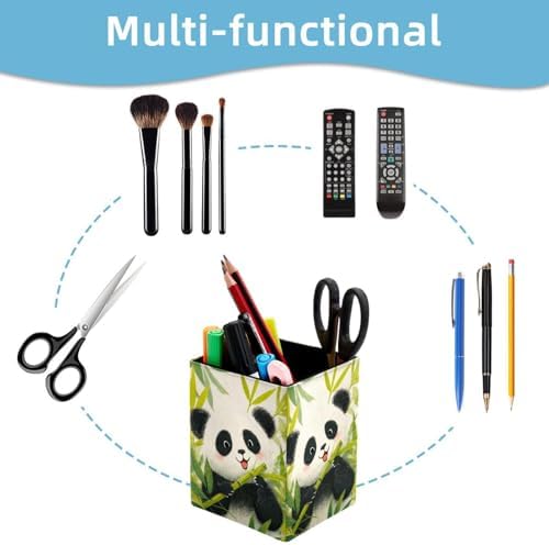 Panda Pen Holder for Desk Decor, Rectangular PVC Leather Pencil Cup for Desk Pen Organizer, Makeup Brush Holder for School, Home, Office