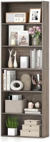 GIANTEX 6-Tier Bookcase, 70" Tall Wooden Bookshelf, Freestanding Storage Organizer w/Open Shelves, Anti-Tipping Kits, Modern Floor Standing Display Shelves for Living Room, Bedroom,Grey